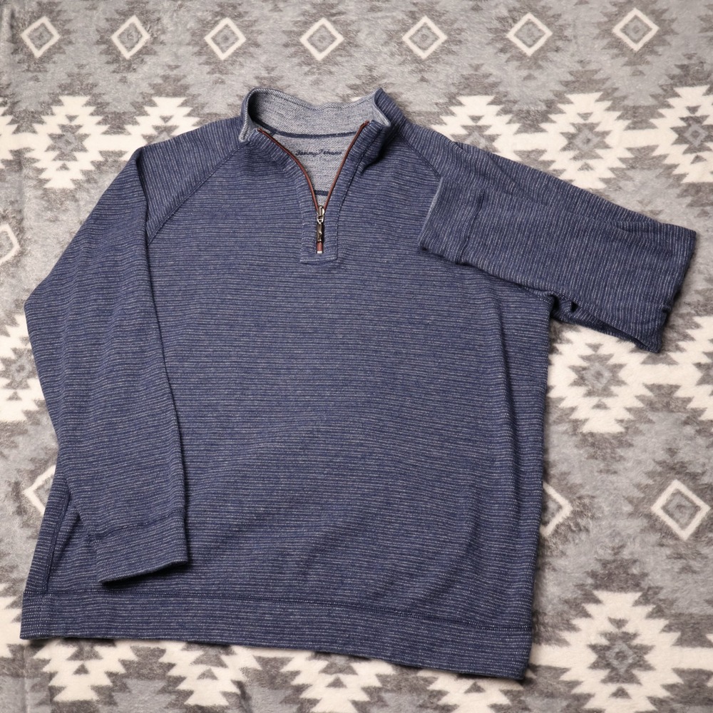 Tommy Bahama Mens Blue Striped Reversible Pullover Sweater XL Mock Neck
